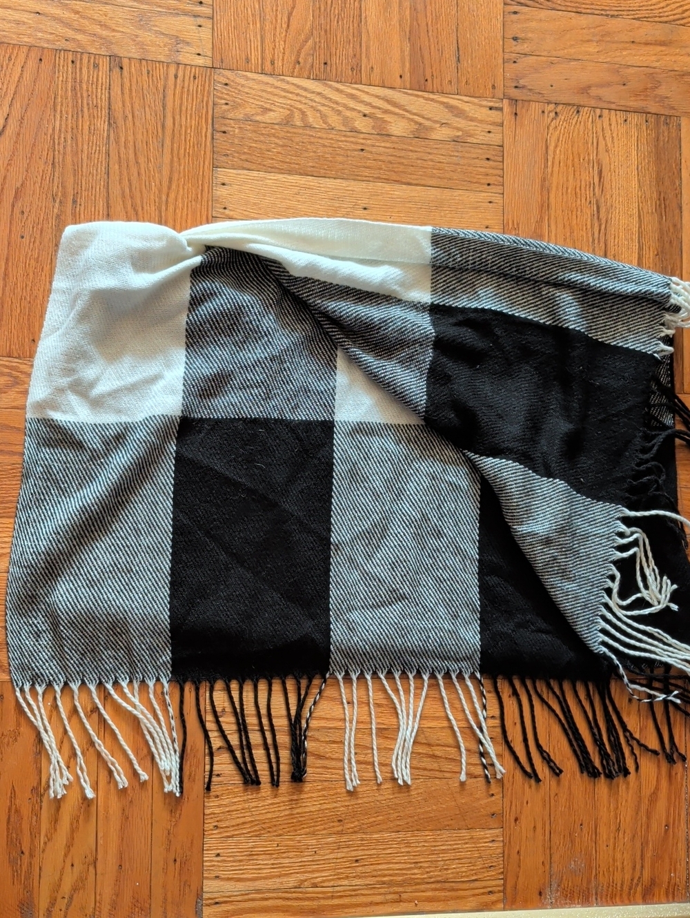 Soft & Fuzzy Black and Cream Large Plaid Fringe Scarf